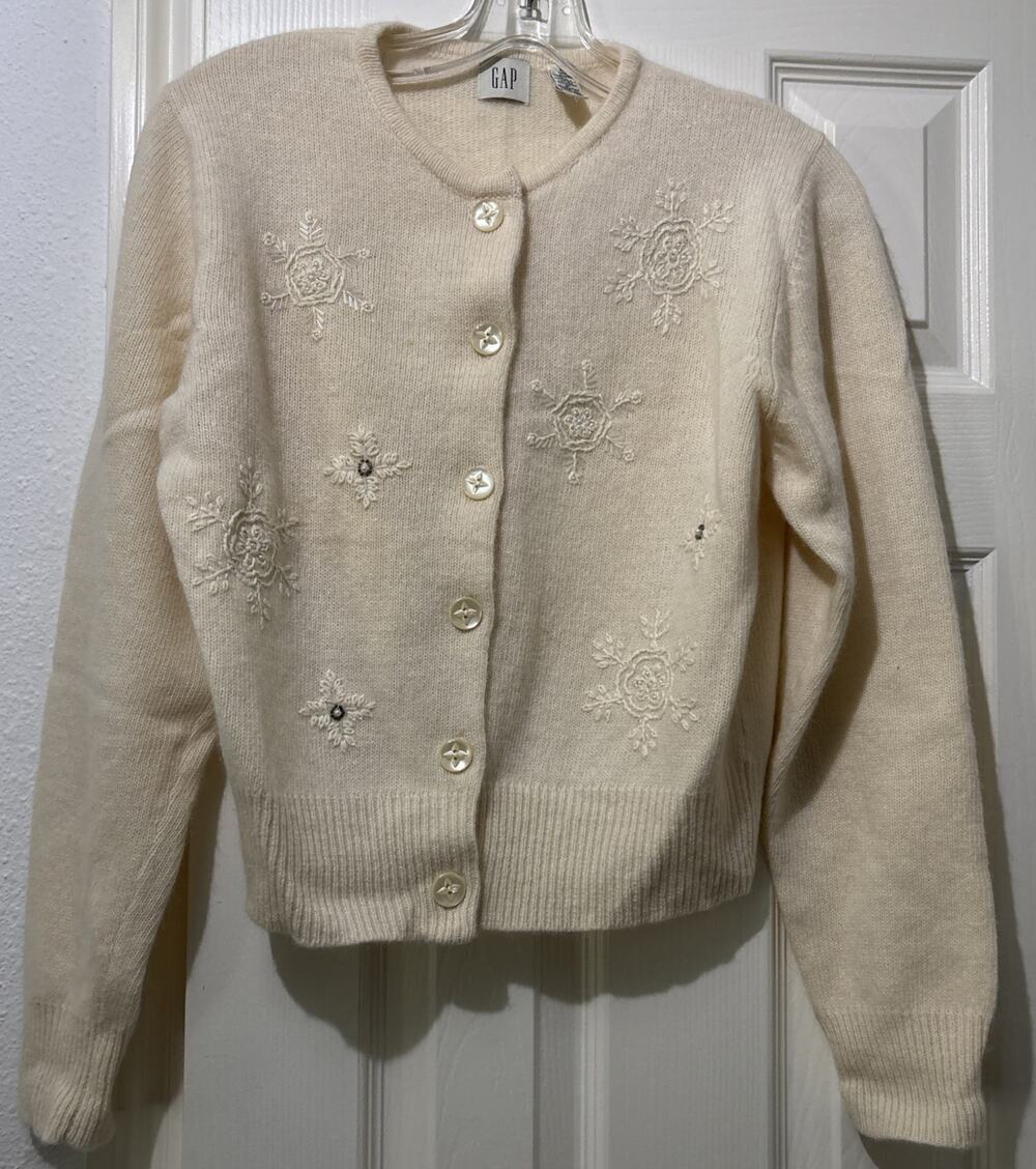 Vintage GAP Lambswool Angora Cardigan Beaded Sweater Ivory Snowflakes Mediumum